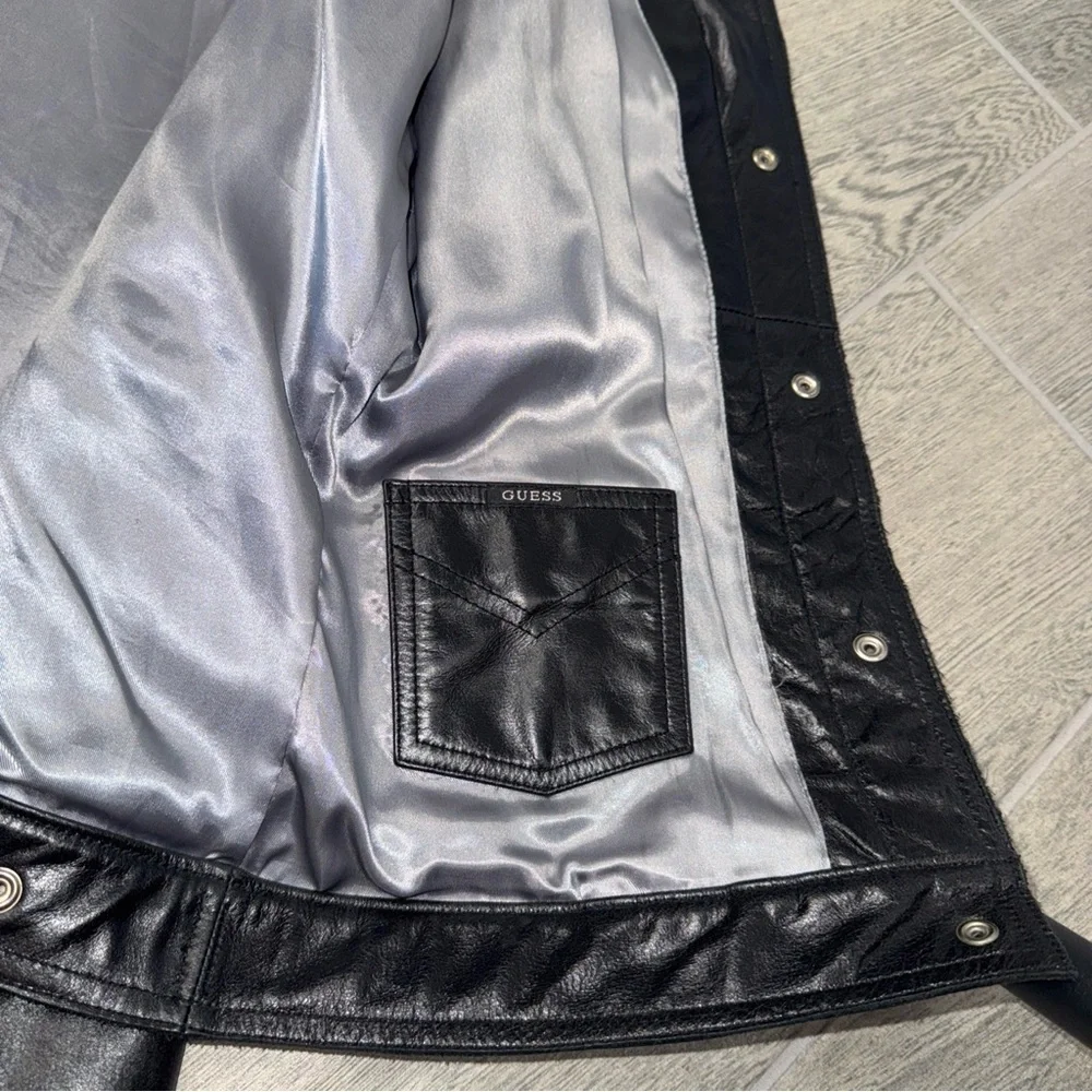 GUESS Jacket‎ Women’s S Black Genuine Leather 5-Snap Button Front Trucker *READ